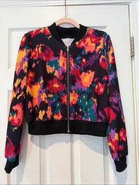 SHEIN Multicolor Abstract Print Bomber Jacket - Black Base